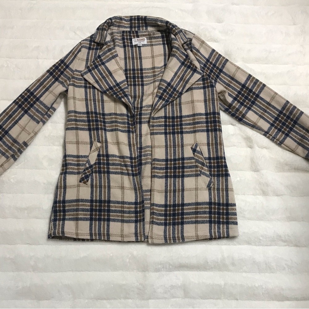 Cream, Navy Blue, and Light Brown Plaid Jacket